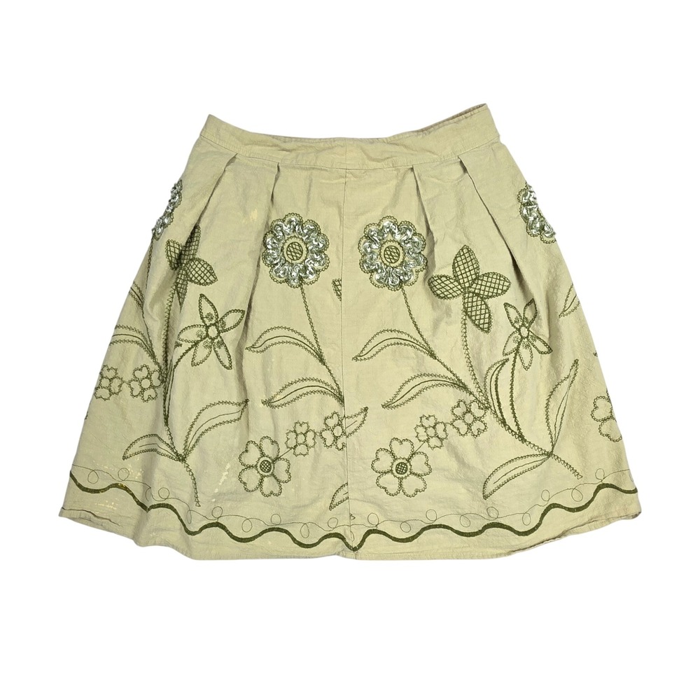 Romy Sage Green Embroidered Floral A-Line Skirt Pleated Textured Applique Midi